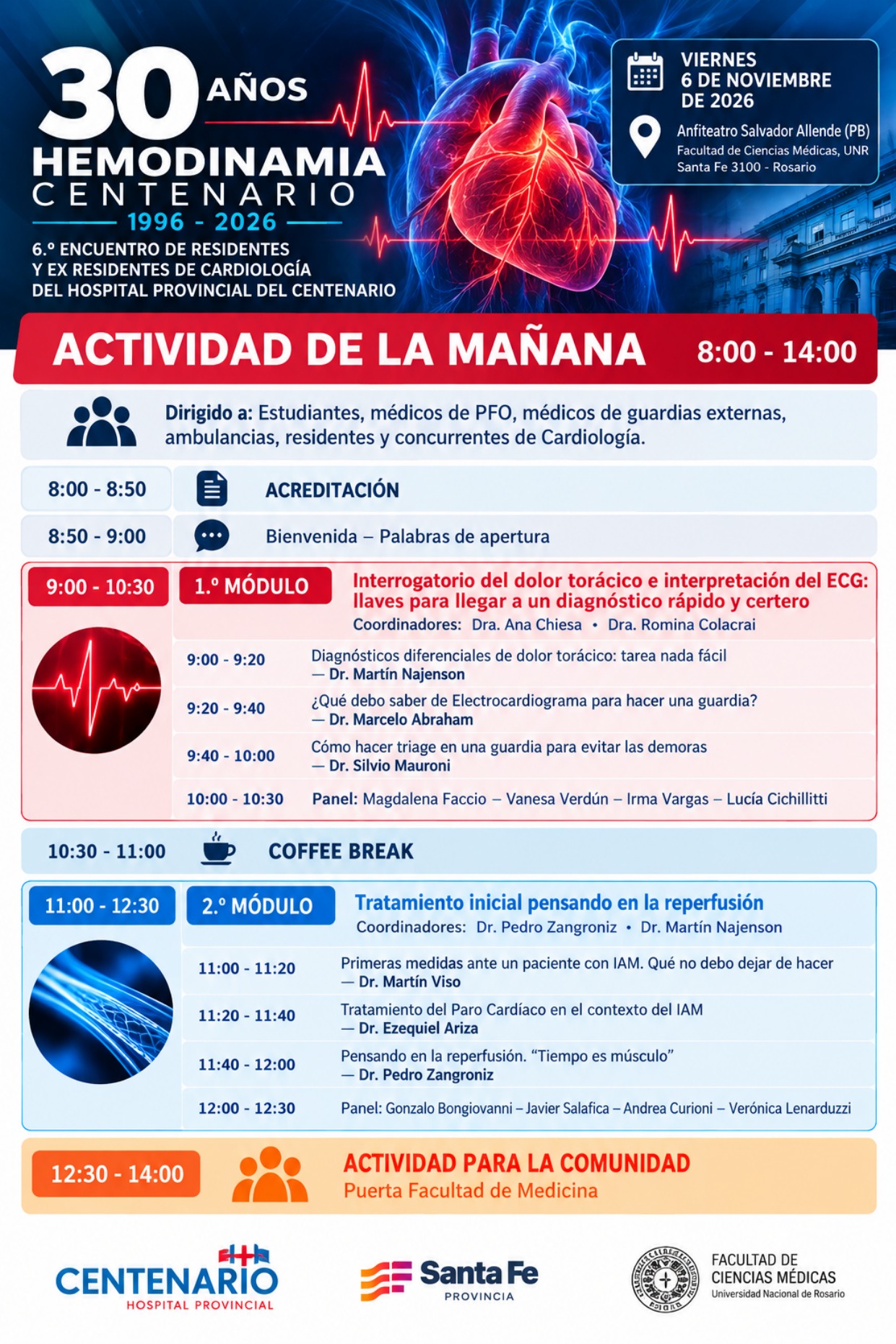 Flyer de la actividad de la mañana del Simposio Hemodinamia Centenario, con su programa de 8:00 a 14:00